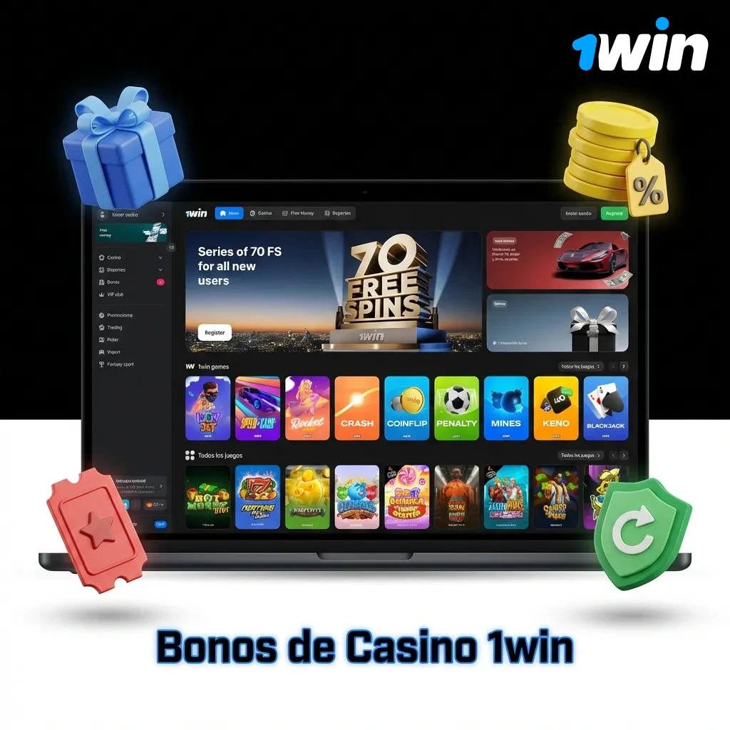 Ilustración de bonos de casino 1win con porcentajes de bienvenida, giros gratis y promociones para slots y juegos en vivo