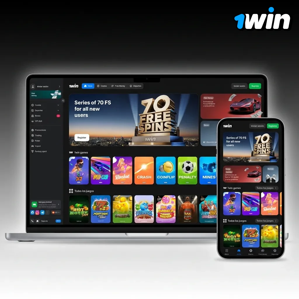 Interfaz web de 1win mostrando barra de navegación con acceso a Deportes, Casino, En Vivo y Promociones