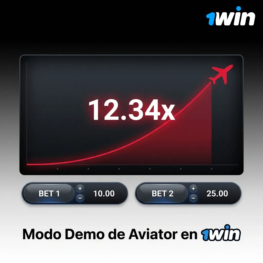 Pantalla del modo demo de Aviator en 1win mostrando créditos virtuales para practicar sin riesgo financiero