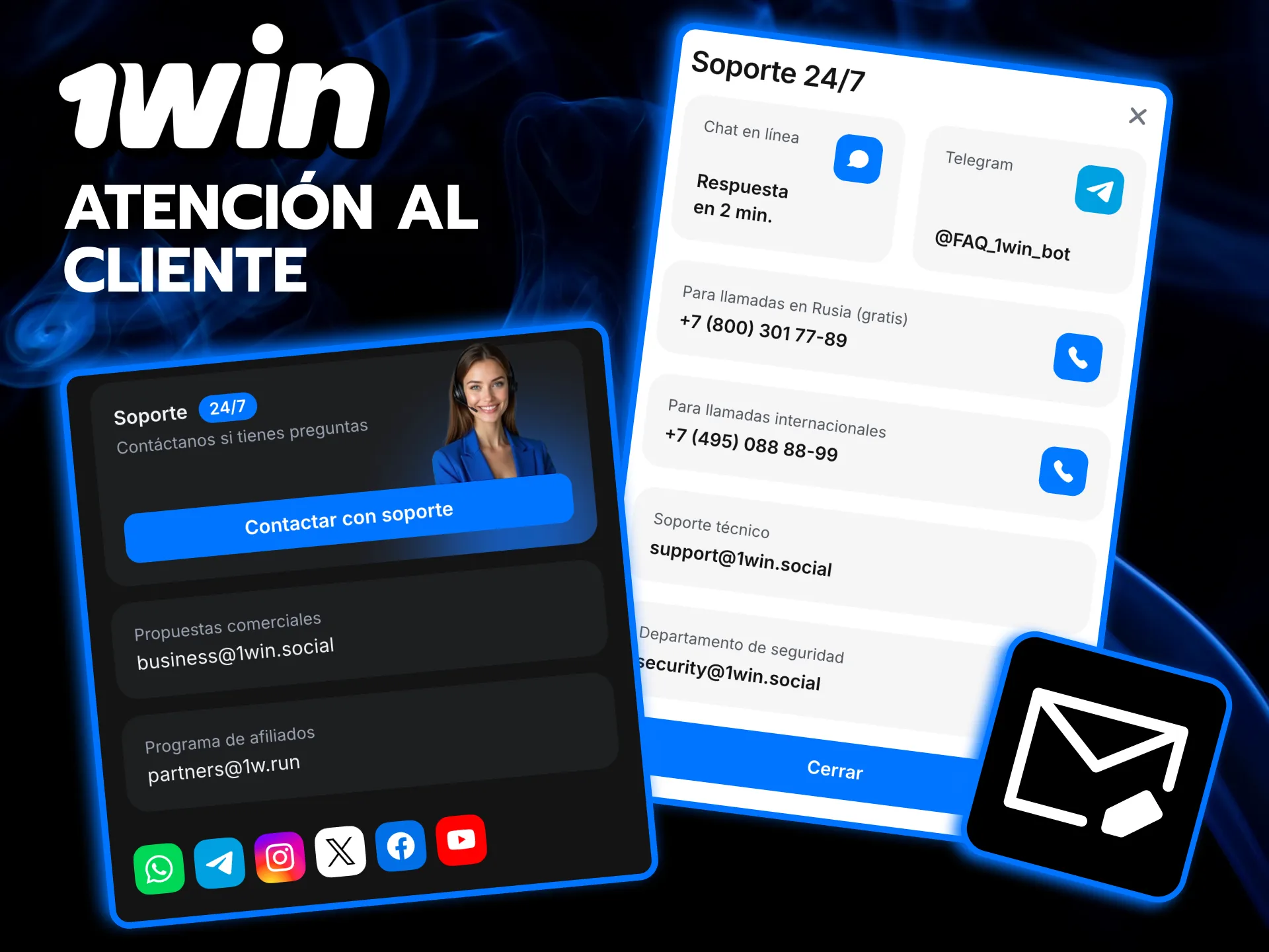 Contacta soporte 1win por chat correo o redes.