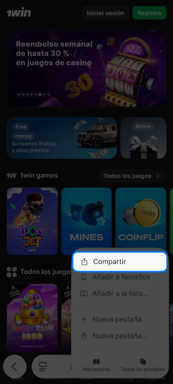 Haga clic en Compartir para abrir el menú del navegador y añadir 1win.