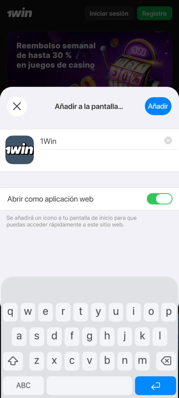 Confirma el nombre del acceso directo y añade 1win a tu pantalla de inicio.
