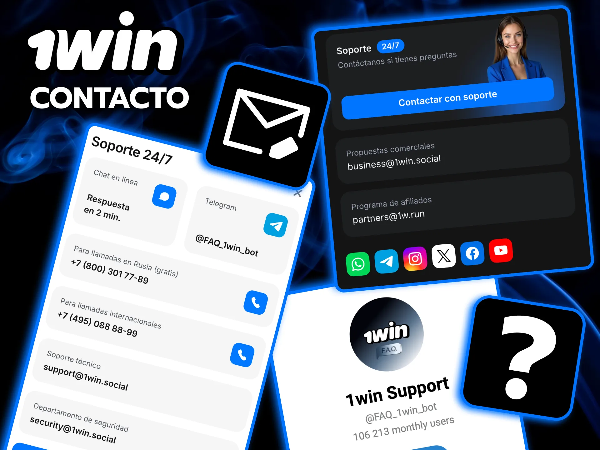 Soporte 24/7 en 1win Chile con chat en vivo y correo.