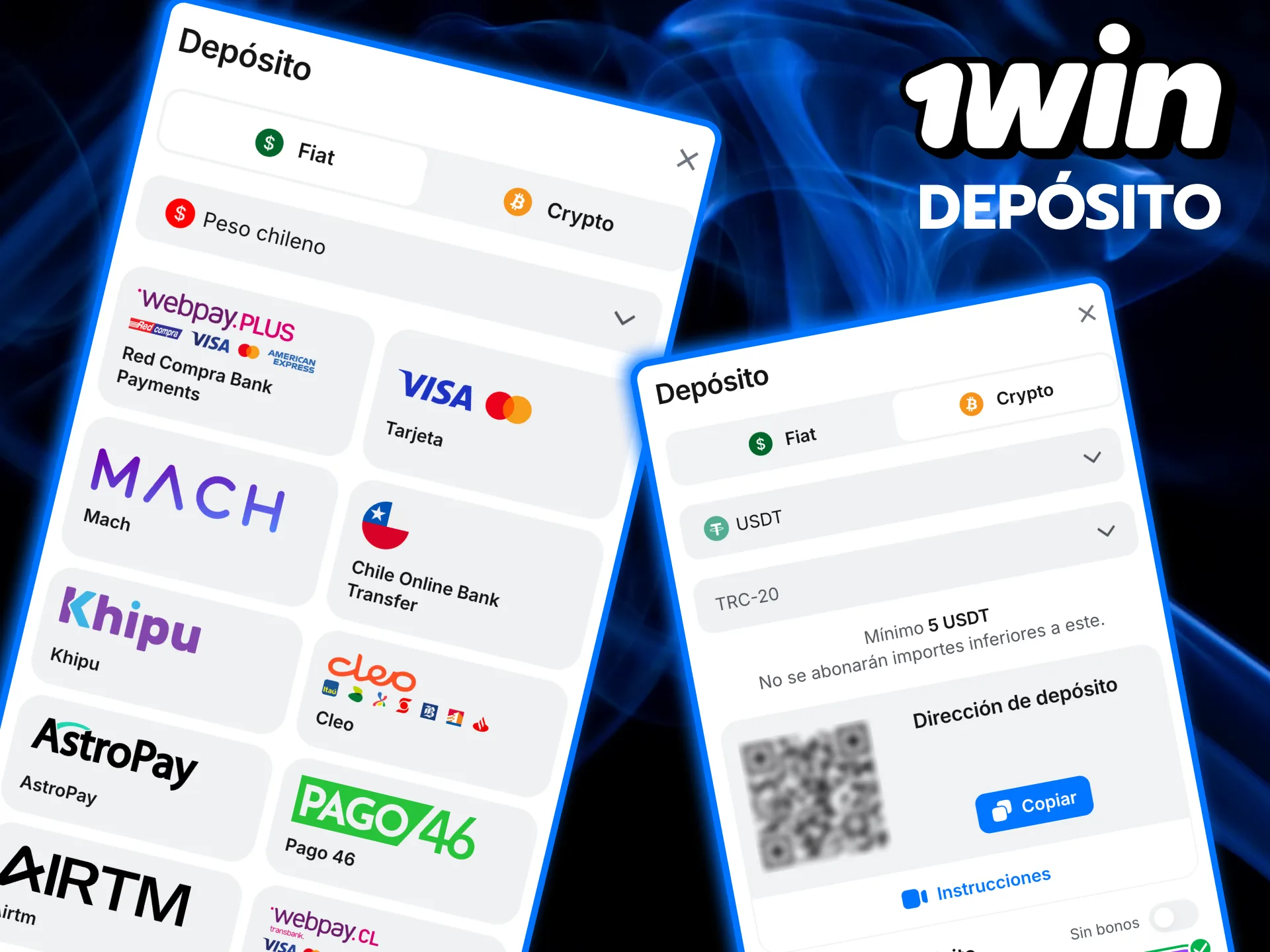 Caja de 1win con opciones de pago en CLP para jugadores chilenos.