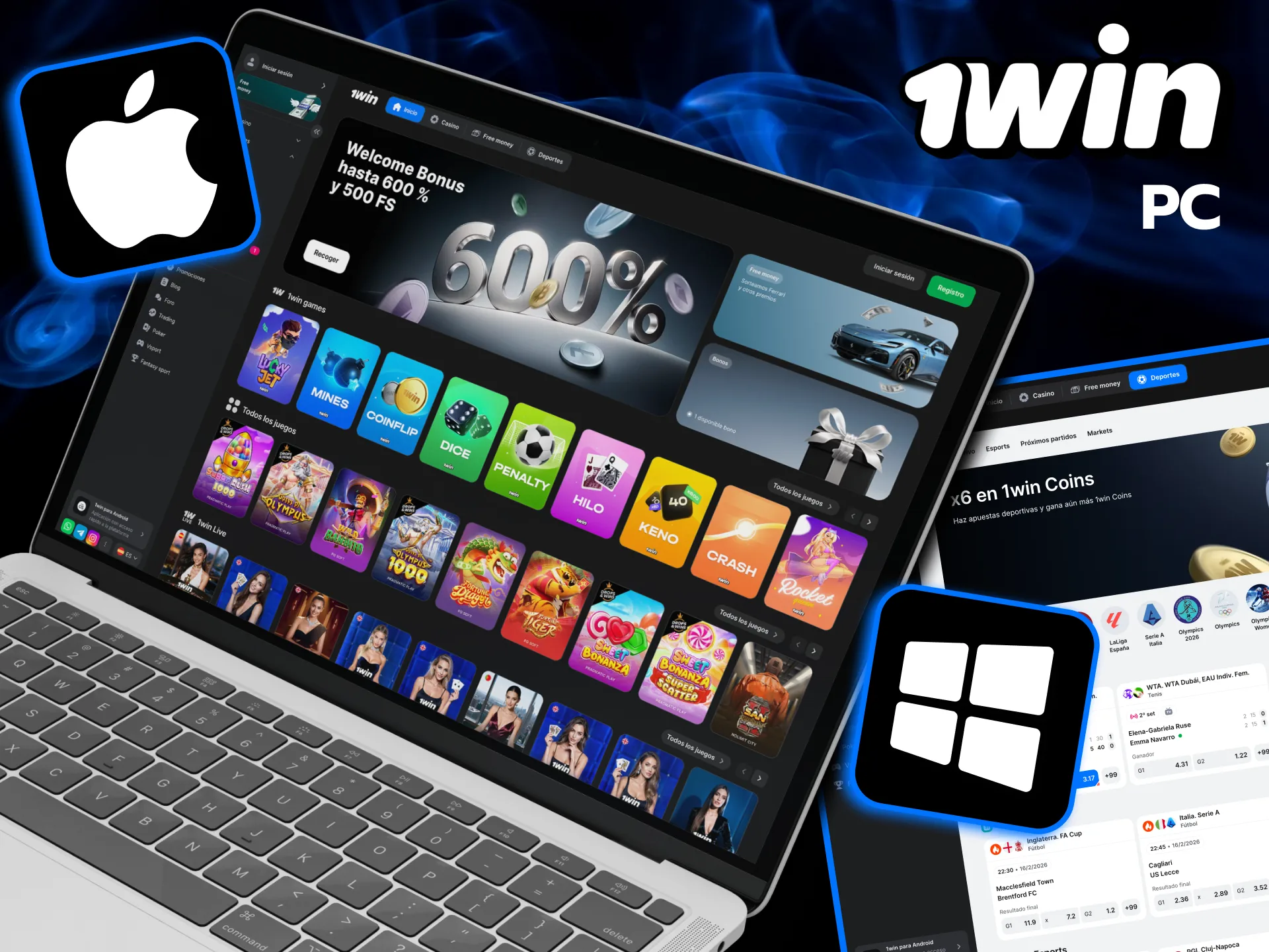 Usa 1win casino en PC con formato PWA rápido.