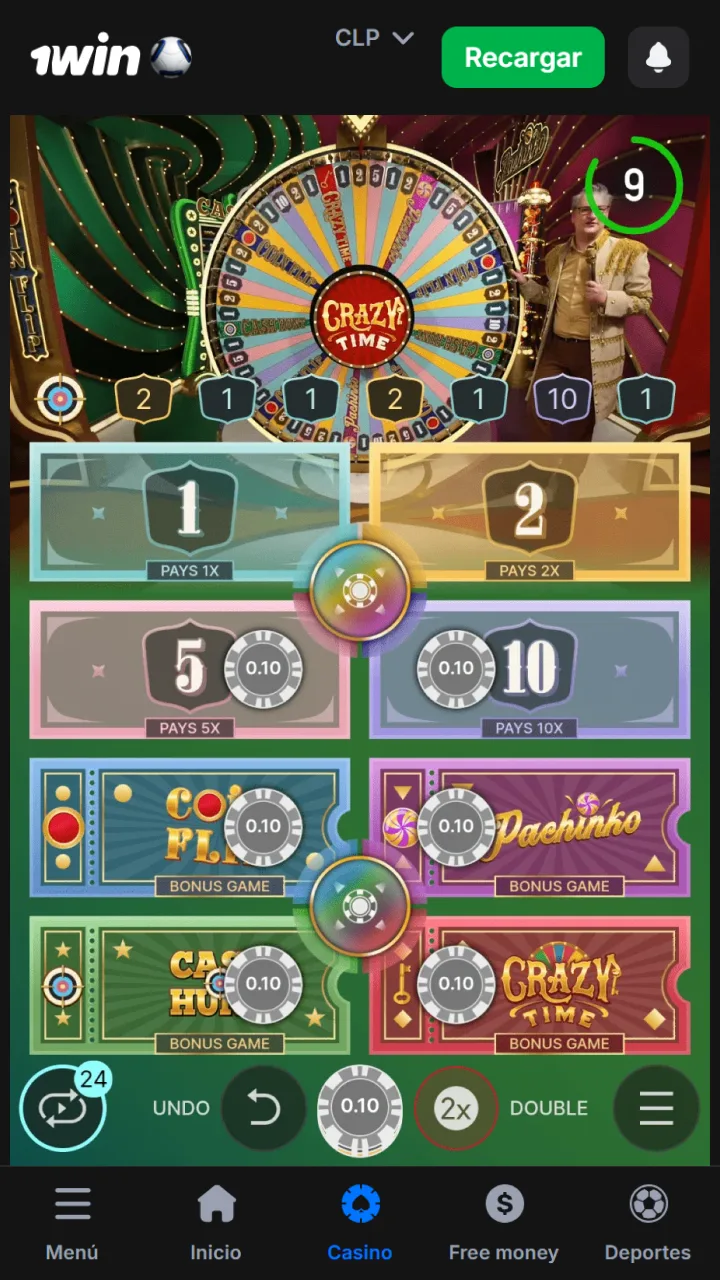 Aprende a realizar apuestas interactivas en el juego Crazy Time a través de 1win.
