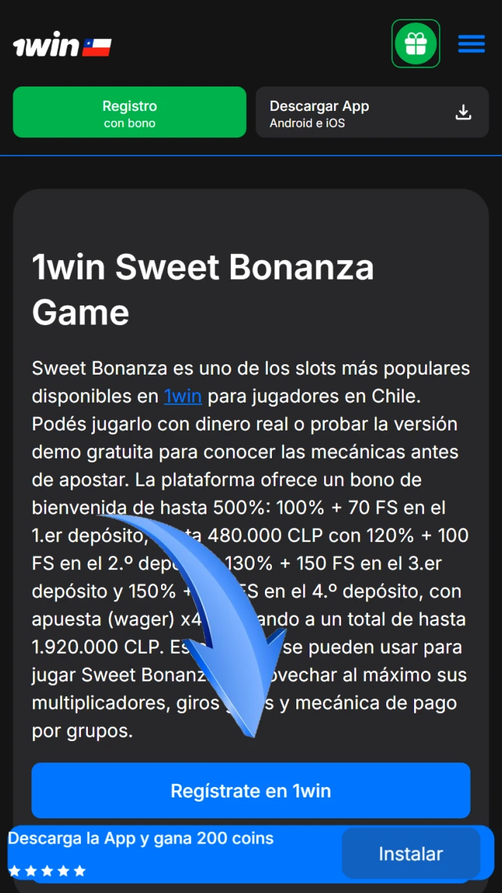 Haz clic en el botón de registro de 1win para empezar a disfrutar de Sweet Bonanza.